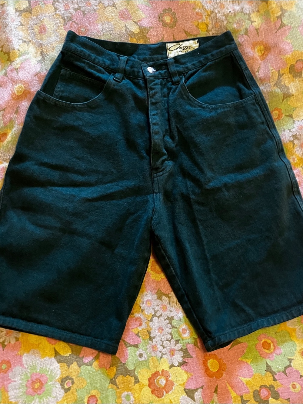 Dark Green High-Waist Denim Shorts